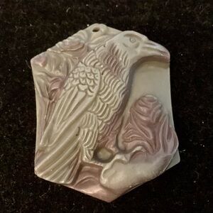 2” Crow Raven Roses Carved Stone Dark Gray Green  Pendant Cameo